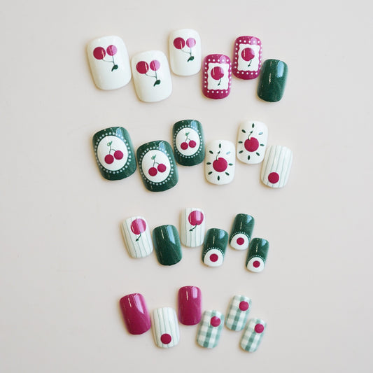 Charming Cherry Celebration Square Press On Medium Nail Set Green White Red Fun Designs