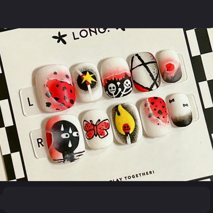 Gothic Fantasy Medium Square Red Black and White Press On Nail Set with Unique Artistic Designs