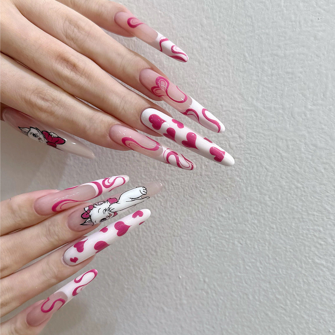 Charming Feline Fantasy Long Oval Pink Heart Design Press On Nail Set