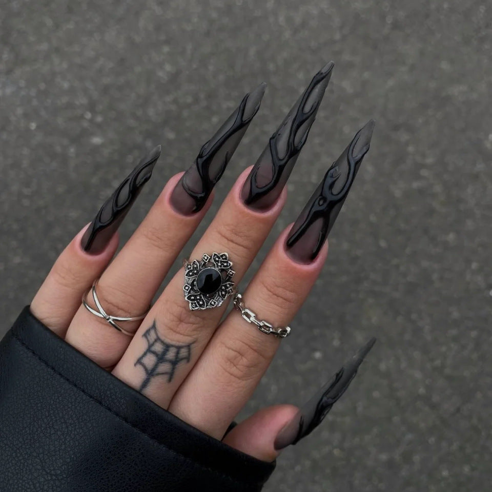 Gothic Flame Long Stiletto Black Press On Nail Set with Ombre Effect and Unique Design