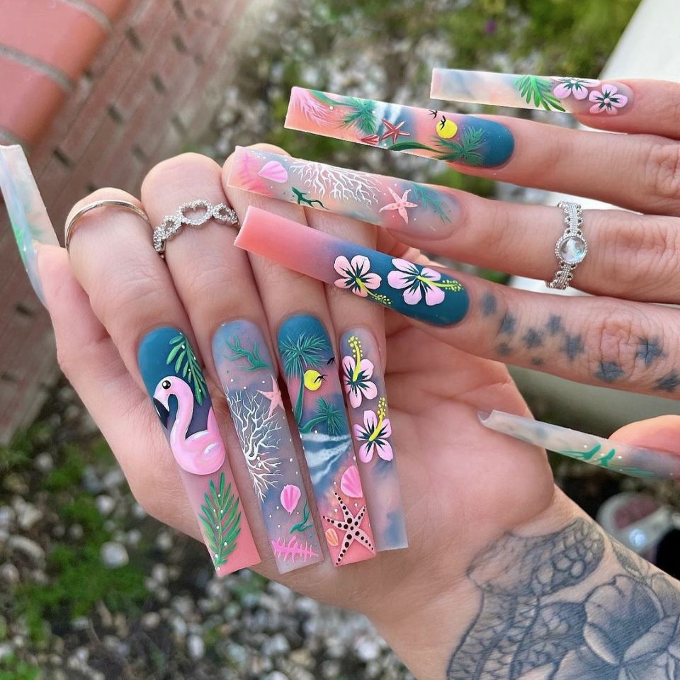 Tropical Paradise Long Square Shaped Press On Nail Set Colorful Floral and Flamingo Designs