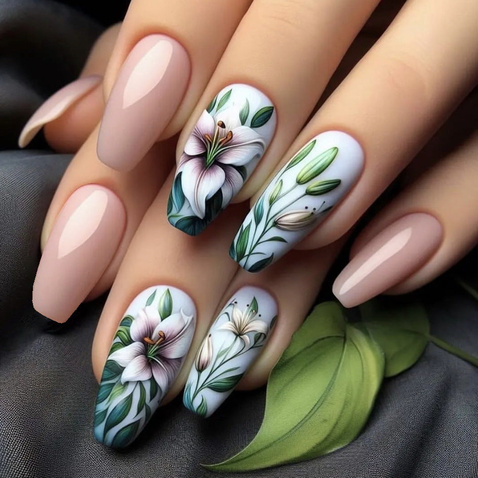 Floral Elegance Long Coffin Beige Press On Nail Set with Hand-Painted Lily Design