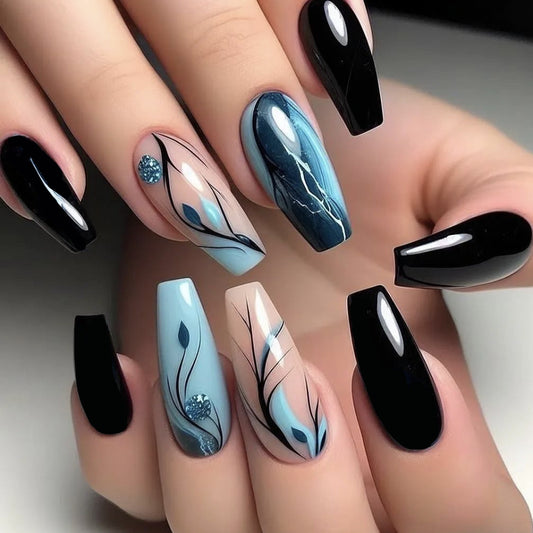 Ocean Vibes Long Coffin Shape Black and Blue Press On Nail Set with Artful Leaf Designs and Gem Accents