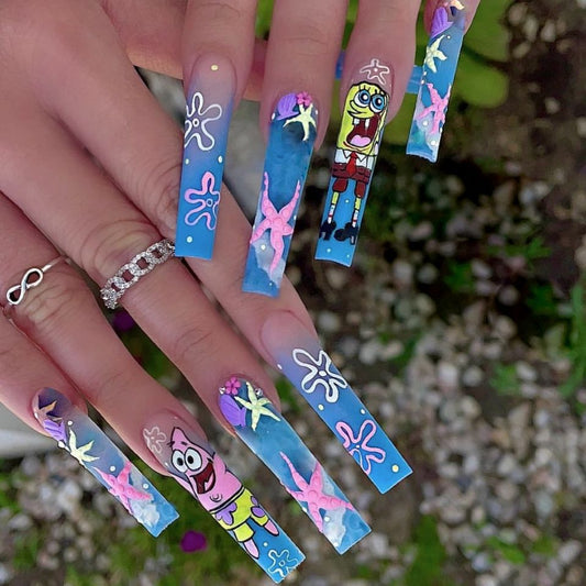 SpongeBob Underwater Adventure Long Square Blue Cartoon Press On Nail Set with Unique Starfish and Character Designs