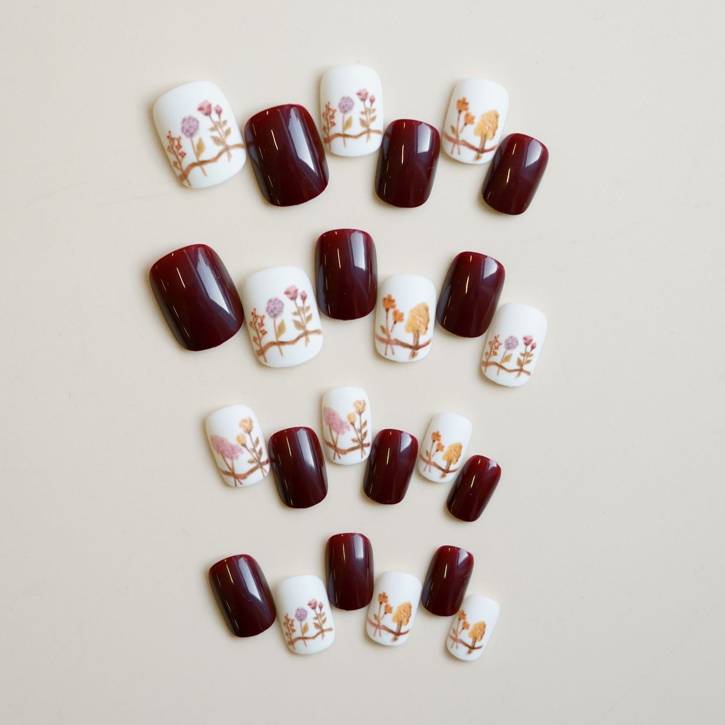 Botanical Bliss Lengthy Short Square Burgundy and White Floral Press on Nail Set with Artistic Detail