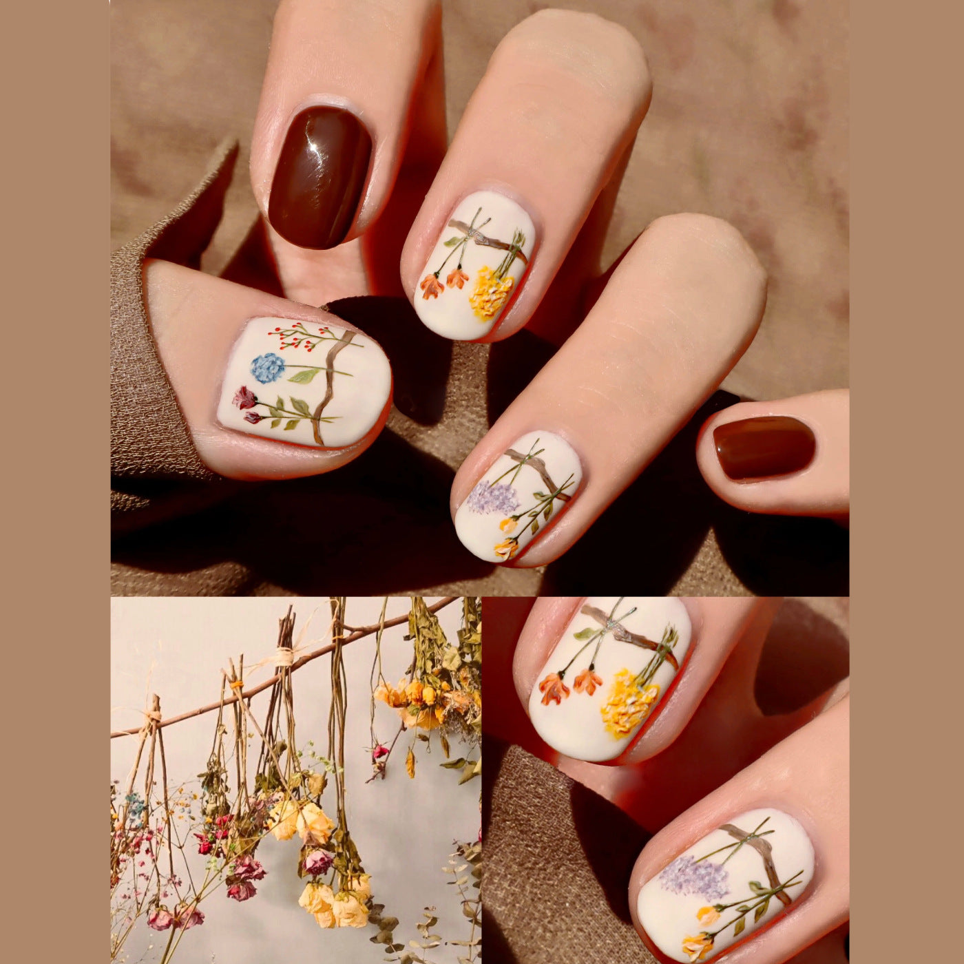 Bohemian Charm Short Round Cream White with Floral Artwork Press on Nail Set