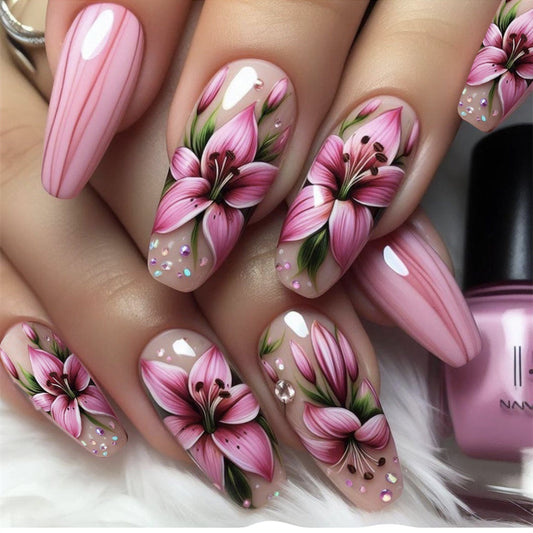 Floral Elegance Long Coffin Pink Press On Nail Set with 3D Floral Design and Rhinestone Accents