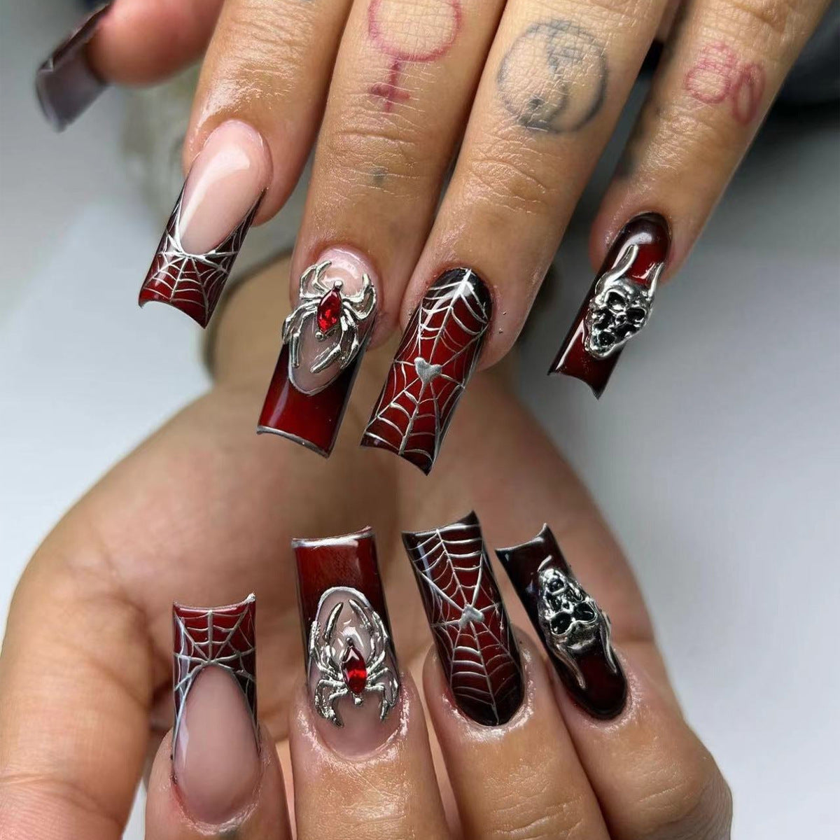 Superhero Adventure Long Coffin Burgundy Press On Nails with Spiderweb Design and 3D Spider Accents