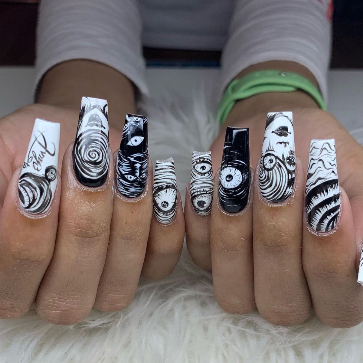 Surreal Swirls Extra-Long Coffin Black and White Press On Nail Set with Hypnotic Eye Design