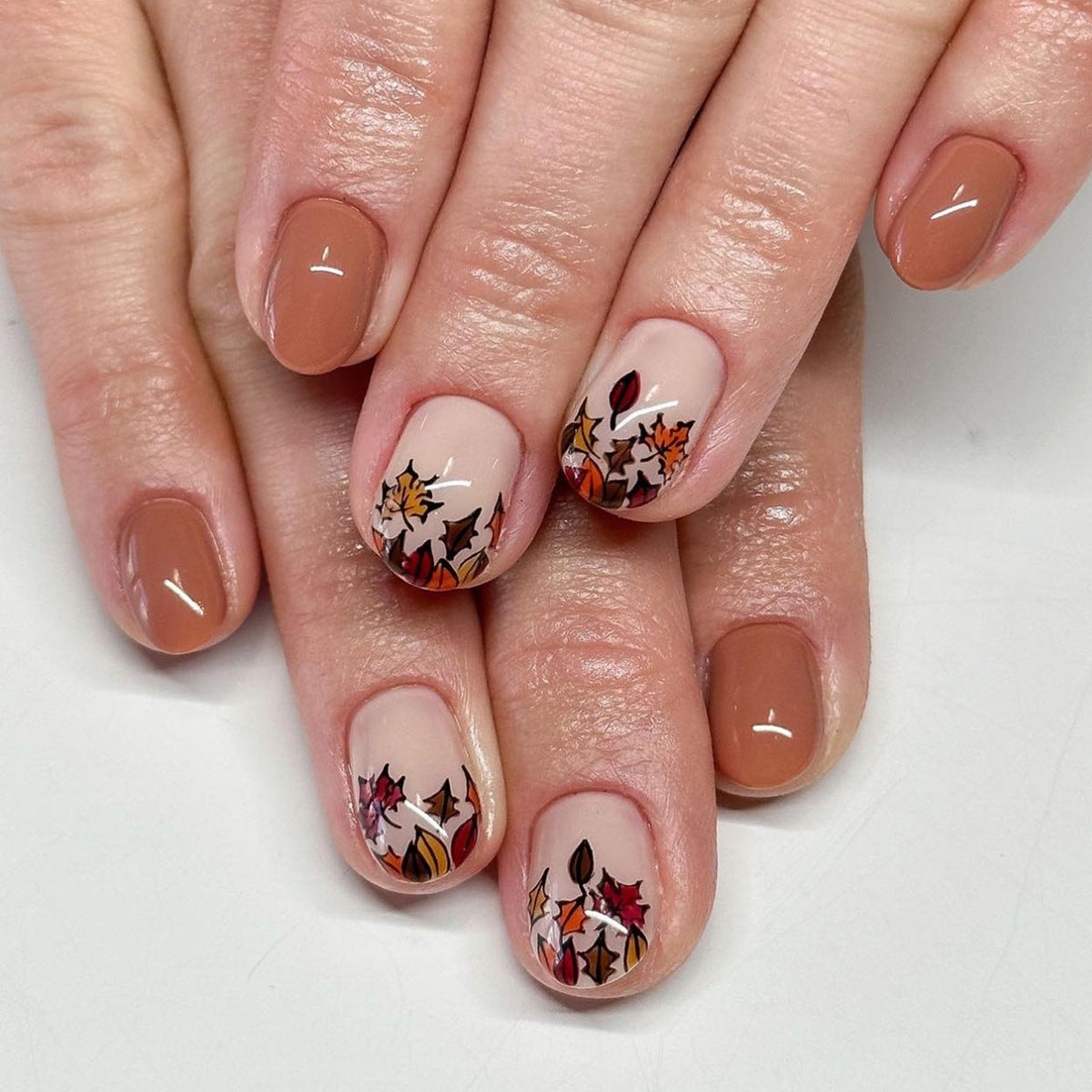 Autumn Breeze Short Oval Beige and Brown Press On Nail Set with Elegant Fall Leaf Designs