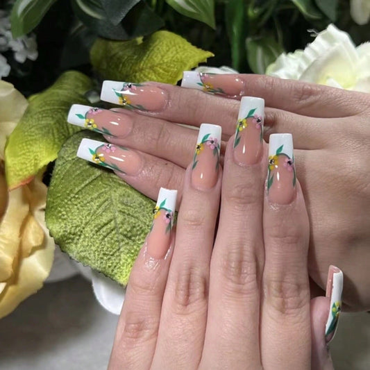 Tropical Blossom Medium Square Press On Nail Set in Soft Pink and White with Exquisite Floral Designs