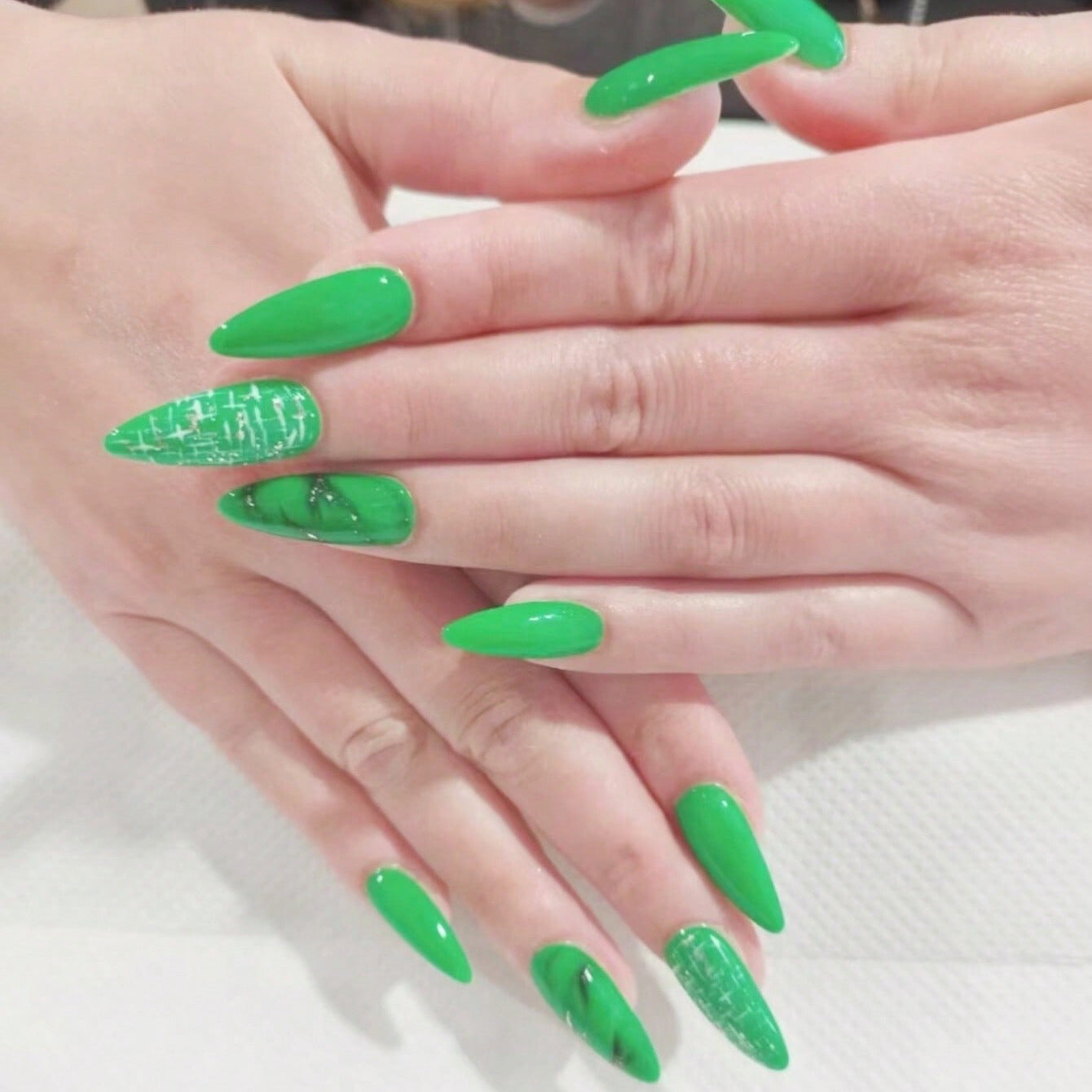 Tropical Vibes Long Almond Shaped Bright Green Press On Nail Set with Unique Marble Design