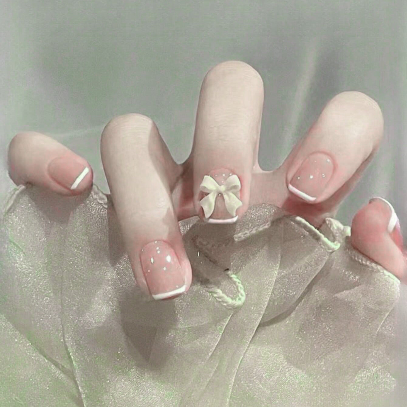 Whimsical Garden Short Square Beige with White French Tips and Charming Bow Accent Press On Nail Set