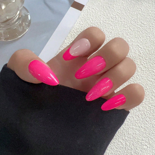 Tropical Sunrise Extra Long Almond Press On Nail Set Neon Pink with Glitter Accent and Unique Color Block Design