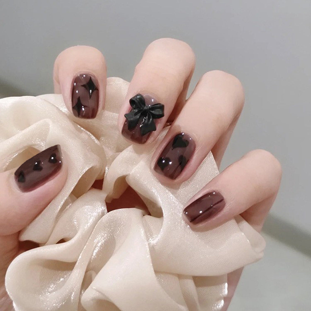 Chic Elegance Short Square Dark Brown Press On Nail Set with Black Bow Detail