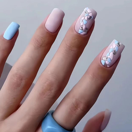 Whimsical Spring Garden Long Square Press On Nail Set in Soft Blue and Pink with Floral and Gem Accents