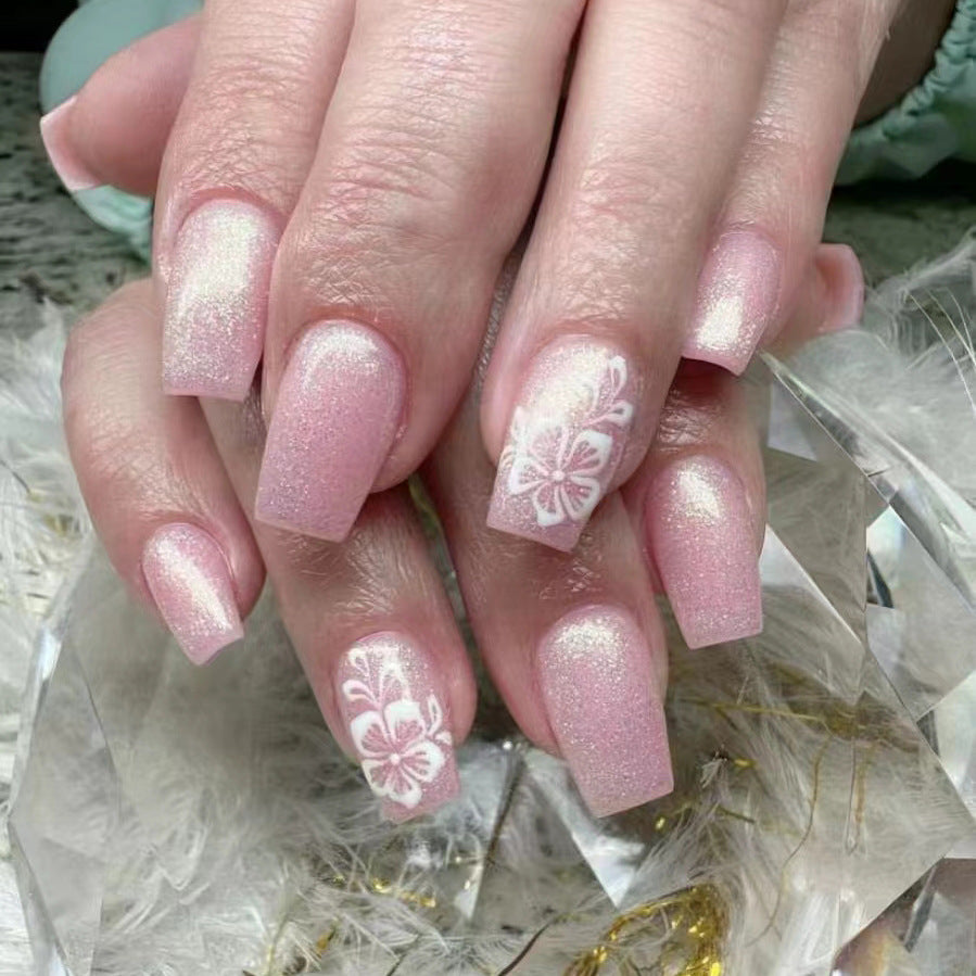 Tropical Bliss Long Coffin Pink Glitter Press On Nail Set with Floral Art Design