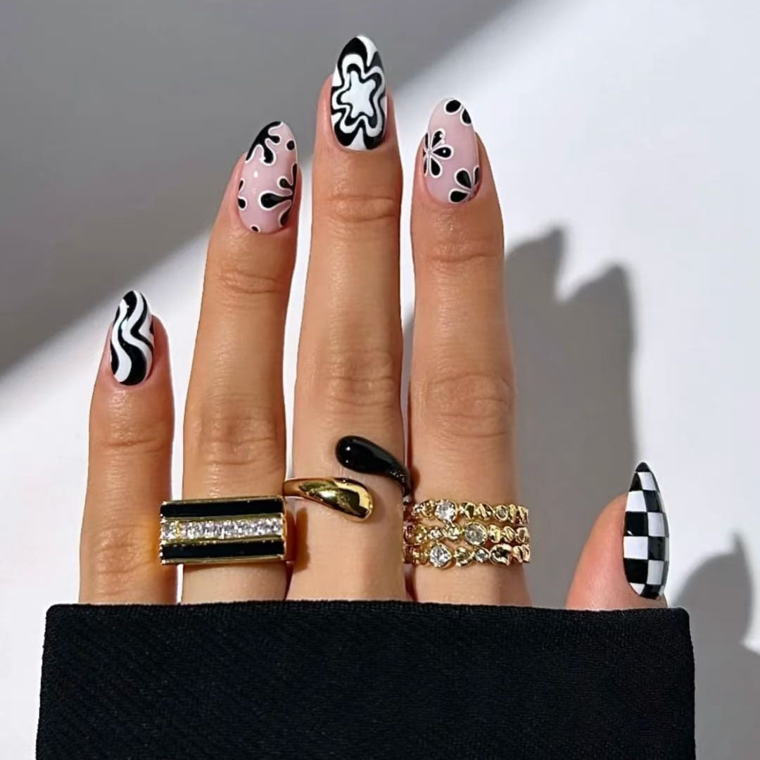 Artistic Vibes Elegant Medium Almond Pink and Black Abstract Design Press On Nail Set