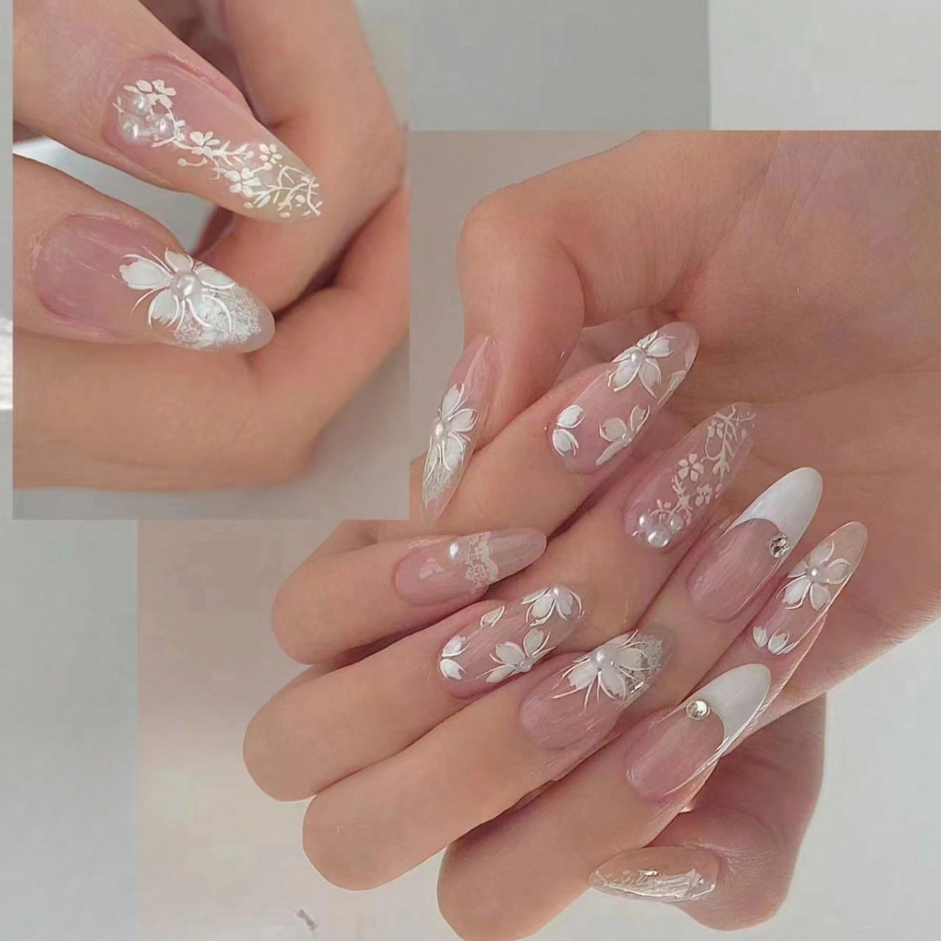 Whimsical Garden Floral Long Almond Clear and White Press On Nail Set with Pearl Accents