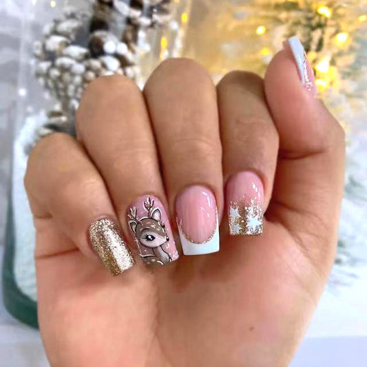 Festive Winter Wonderland Long Square Pink Gold Glitter Reindeer Press On Nail Set