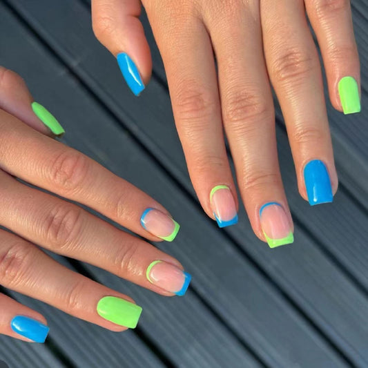 Tropical Vibes Medium Square Press On Nail Set in Bright Blue and Neon Green with Unique French Tip Design