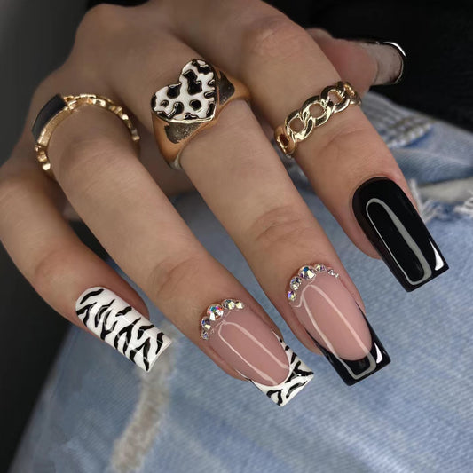 Wild Safari Glam Long Square Black and White with Rhinestone Accent Press On Nail Set