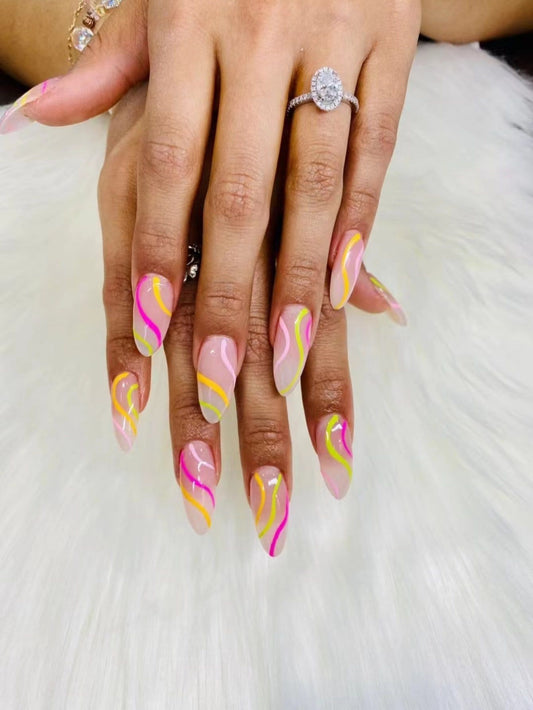 Tropical Vibes Long Almond Pink and Neon Swirl Press On Nail Set with Glossy Finish