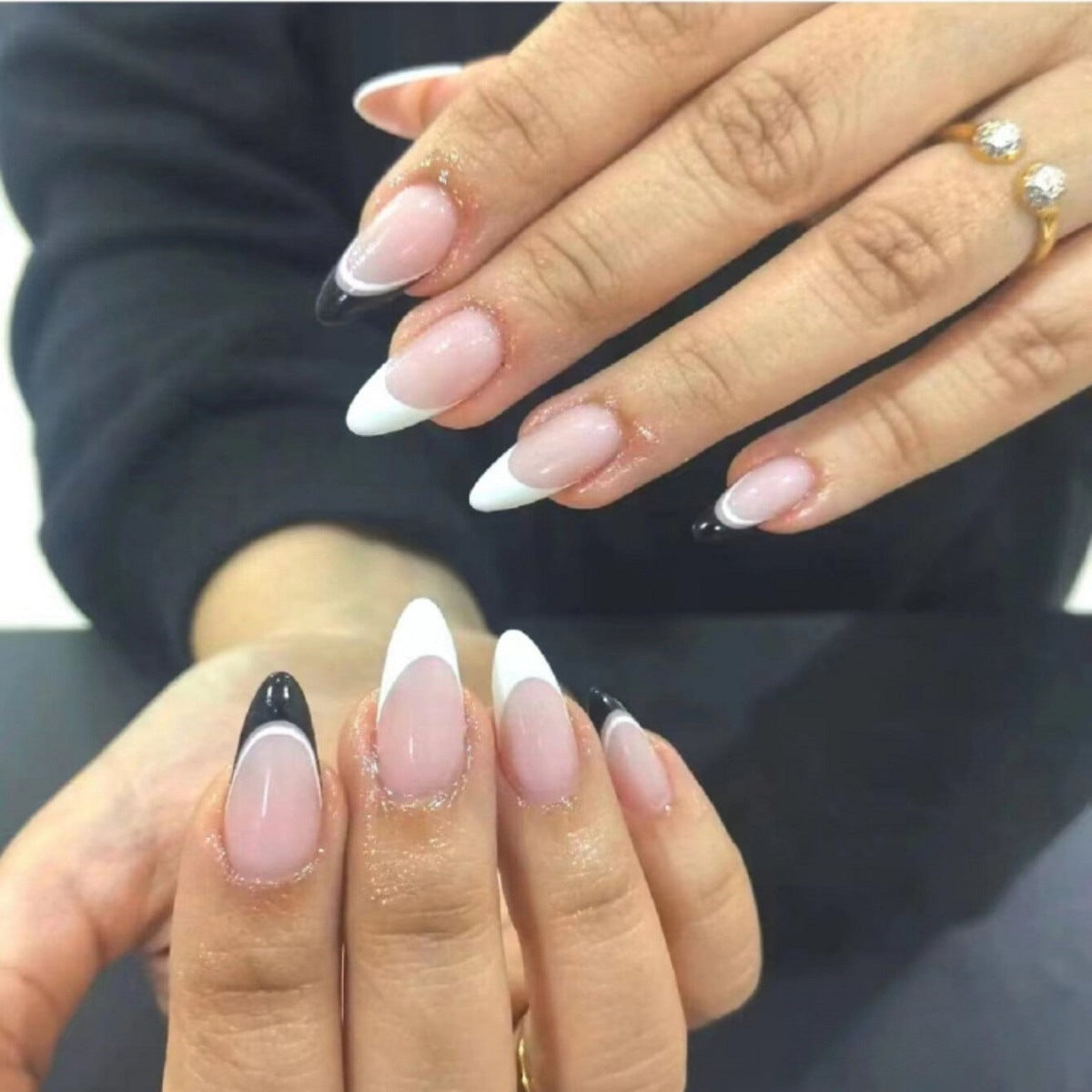 Chic Night Out Long Almond Press On Nail Set with Elegant Ombre Pink White and Black Design