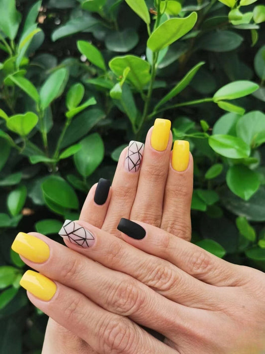 Sunshine Vibes Long Square Yellow and Black Press On Nail Set with Geometric Design