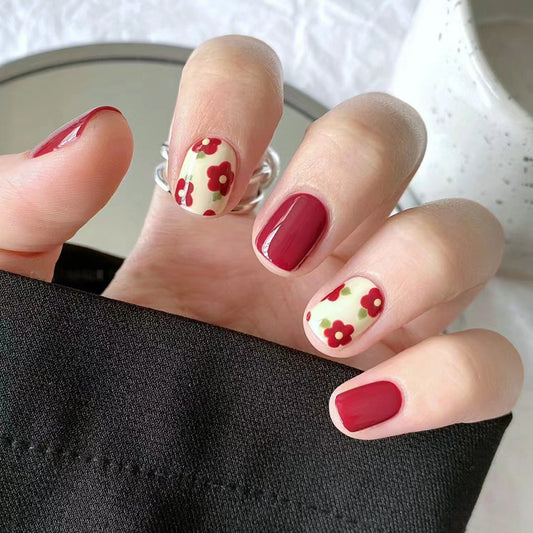 Vintage Bloom Short Square Red and Floral Press On Nail Set with Easy Application Feature