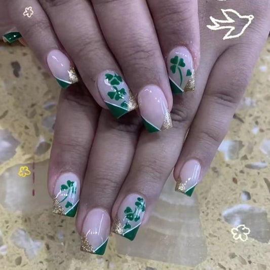 Lush Green Clover Inspired Long Square Press On Nail Set with Gold Glitter Accent