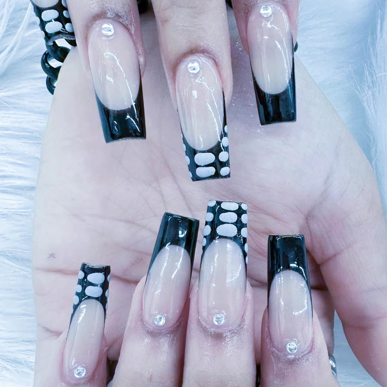 Chic Monochrome Long Square Black and Clear Press On Nail Set with Glamorous Dots and Rhinestones