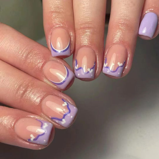 Lavender Dream Square Short Press On Nail Set with Heart Wave Design and Glossy Finish