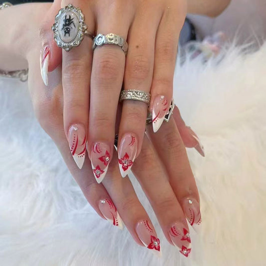 Elegant Floral Dream Long Almond Shaped White and Pink Press On Nail Set with Intricate Red Flower Design