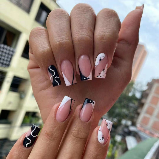 Abstract Art Dream Long Square Press On Nail Set in Elegant Beige and Bold Black with Geometric Design