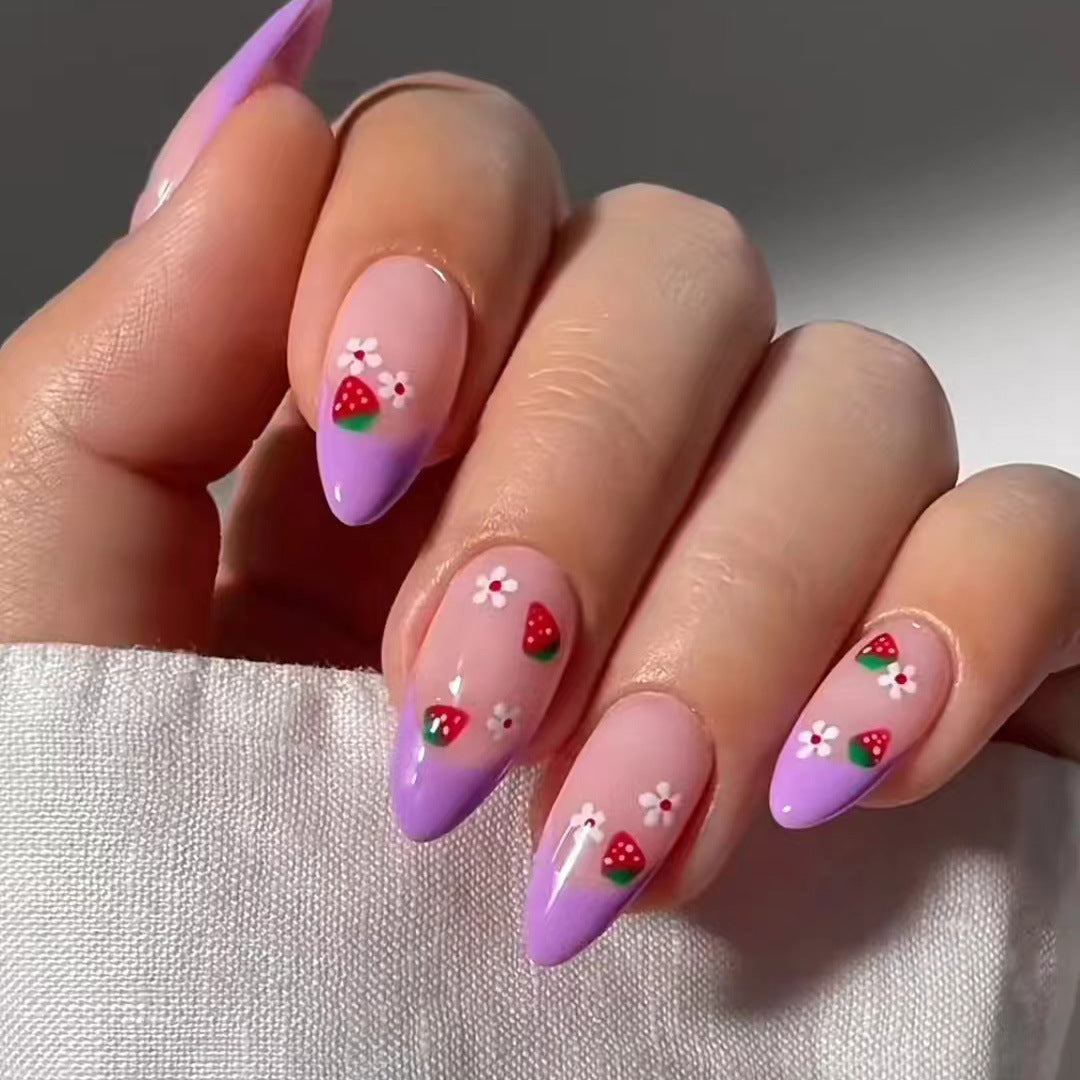 Sweet Strawberry Bliss Long Almond Lavender Press On Nail Set with Floral Design