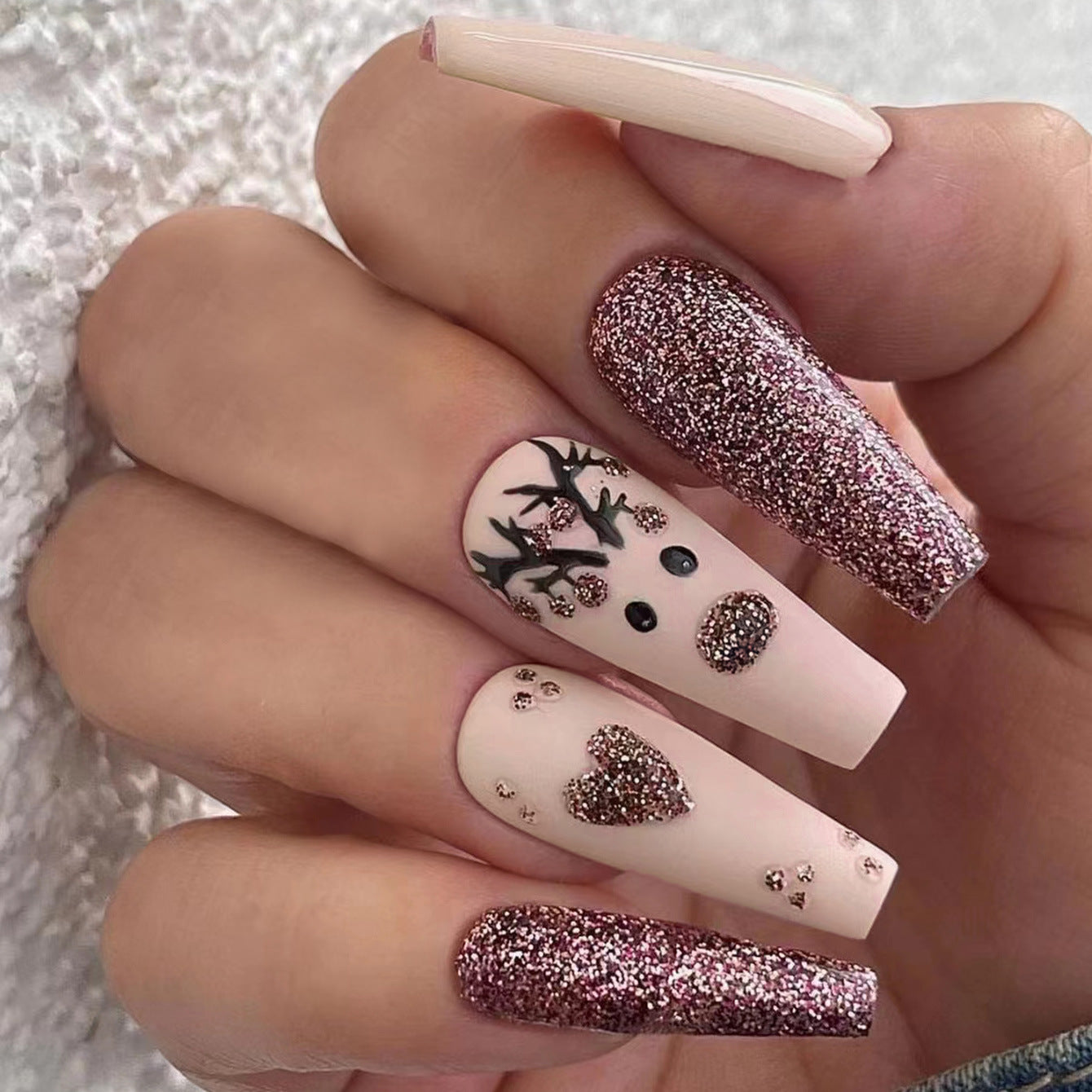 Winter Wonderland Long Coffin Pink and Glitter Acrylic Press on Nail Set with Unique Reindeer Design