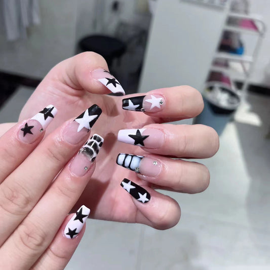 Galactic Glamour Long Coffin Black and White Star Press On Nail Set with Rhinestone Accents