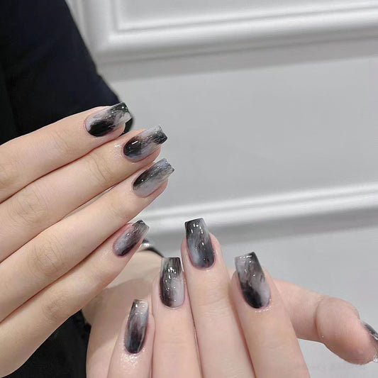 Mystic Galaxy Long Coffin Ombre Black and Gray Press On Nail Set with Glitter Accents