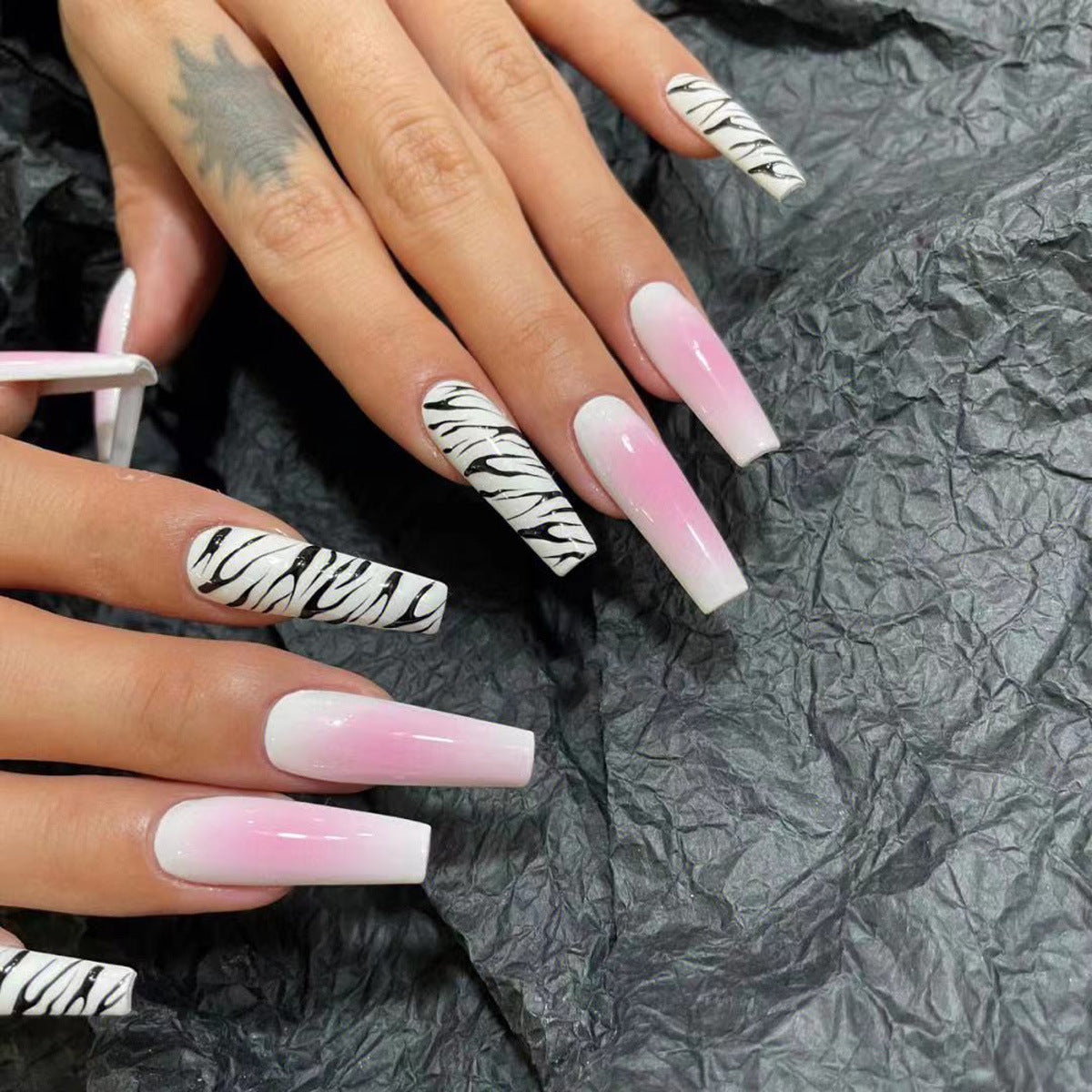 Zebra Glam Long Coffin Press On Nails Pink Ombre with Black Stripes