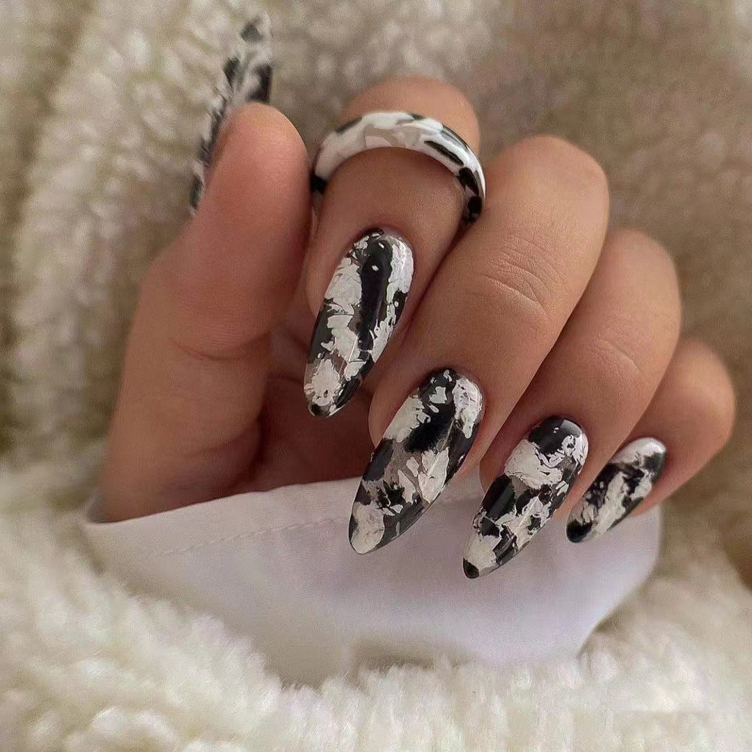 Chic Monochrome Fantasy Long Almond Press On Nail Set in Black and White with Artistic Textured Design