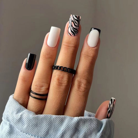 Wild Safari Elegant Square Press On Nail Set Long Black White Zebra Patterned and Glossy Finish