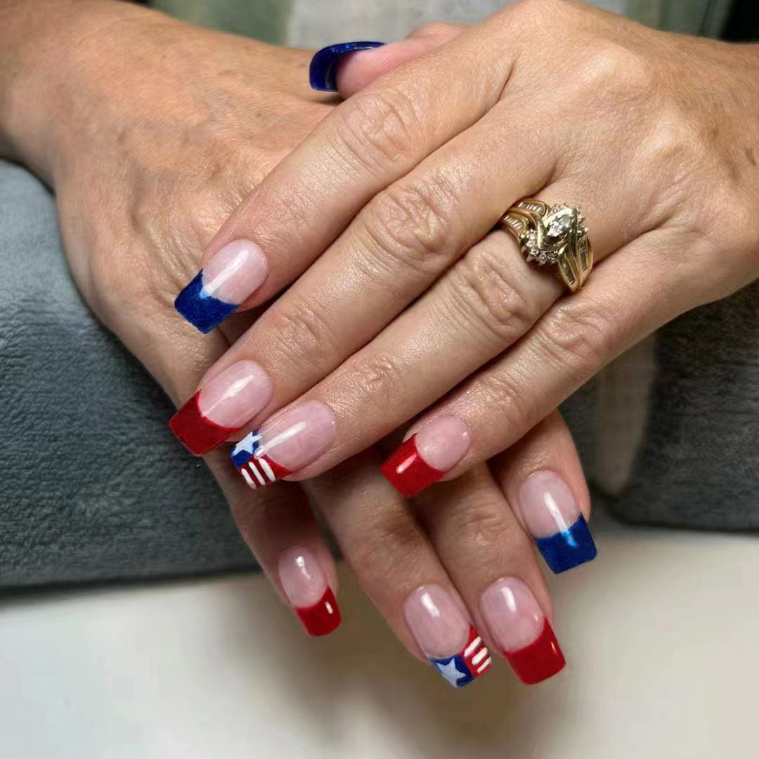 Texas Pride Long Square Red and Blue Press On Nail Set with Star and Stripe Design