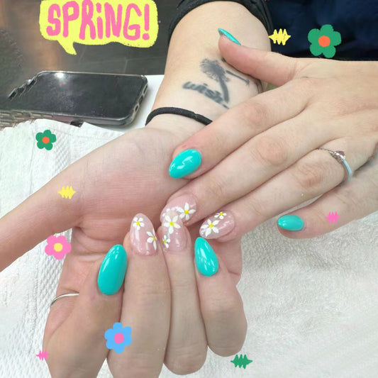 Tropical Oasis Medium Almond Teal and Transparent Press on Nail Set with Daisy Accents