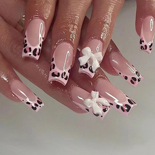 Wild Safari Long Square Pink Leopard Print Press On Nail Set with Charming White Bows