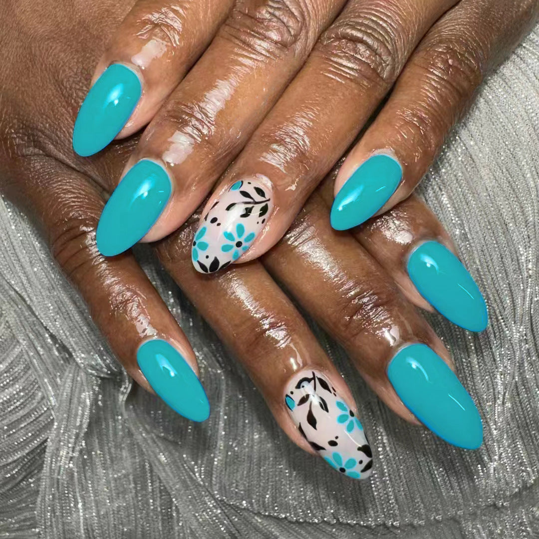 Tropical Paradise Long Almond Shaped Teal Press On Nail Set with Unique Floral Accent Design