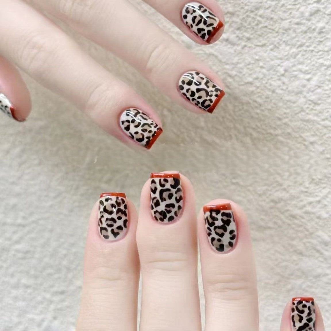 Wild Safari Medium Square Press On Nail Set in Beige Leopard Print with Bold Red Tips and Glossy Finish