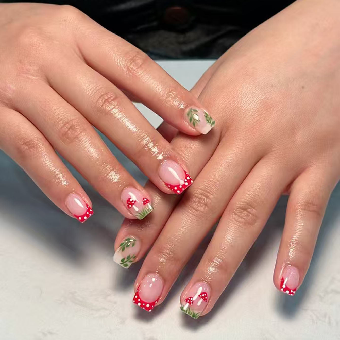 Cherry Blossom Delight Medium Square Nail Set in Pink and Red with Hand-Painted Floral Accents