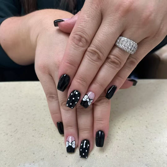 Butterfly Dreams Long Coffin Black Press On Nail Set with White Bow and Polka Dots