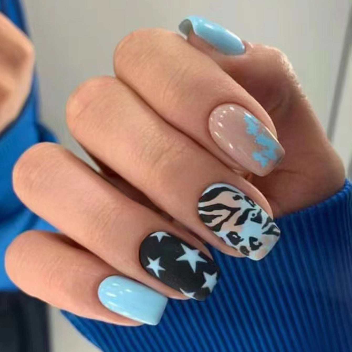 Wild Safari Themed Medium Square Press On Nail Set Blue and Black with Unique Animal Print Designs